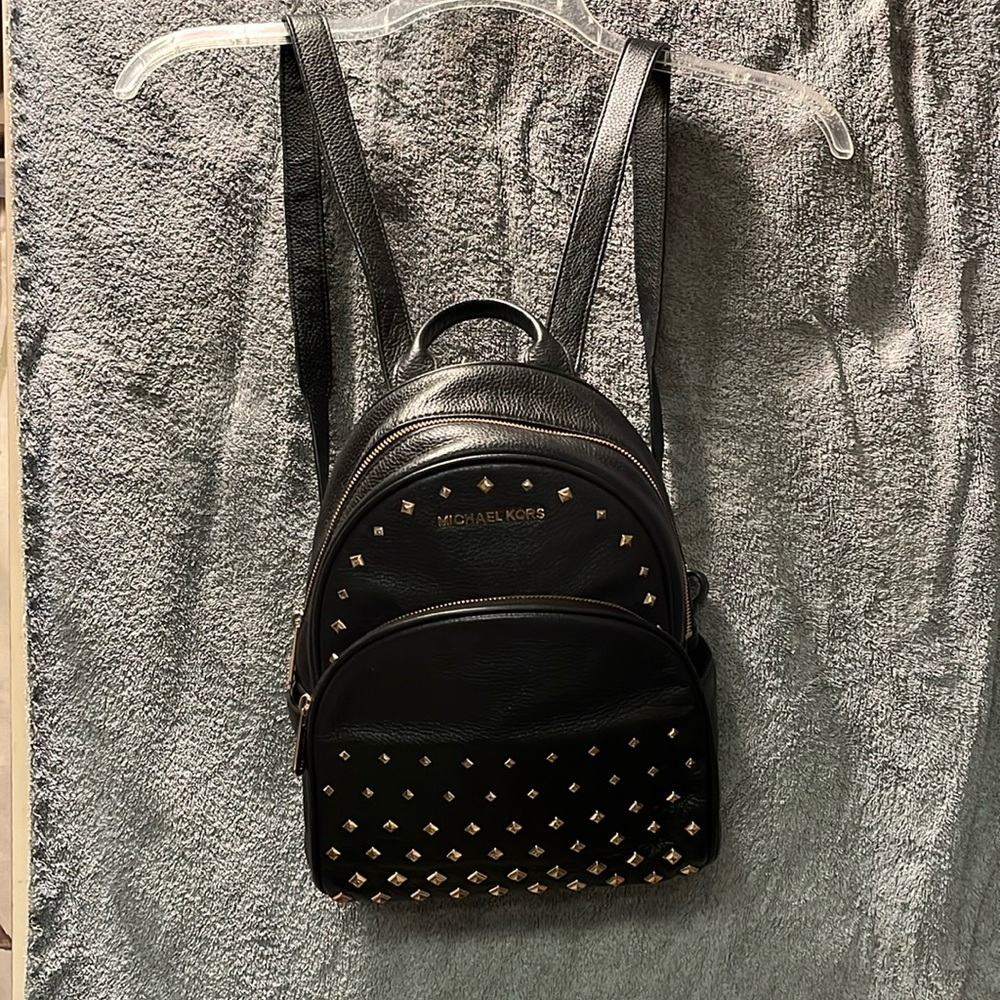 Michael Kors black leather studded adult size backpack no call outs gold tone